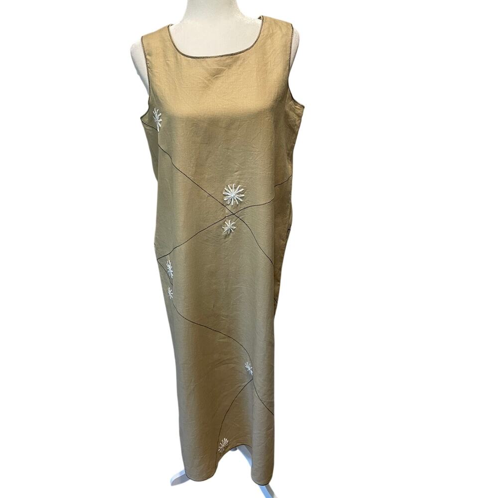 Annie Alexander 100% Linen Maxi Dress Sz M Embroidered Tan Lagenlook Minimalist